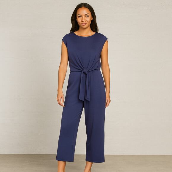 Prologue Sleeveless Cropped Leg Tie Front Round Neck Jumpsuit Navy Blue XS - Picture 1 of 8